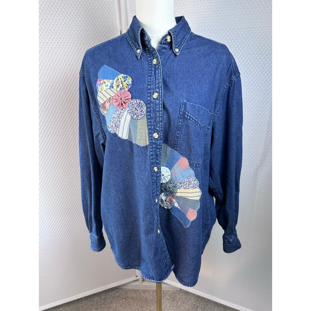 Vtg Quilted Sun Belt Denim Shirt Women’s Large Long Sleeve Cotton Button Shirt
